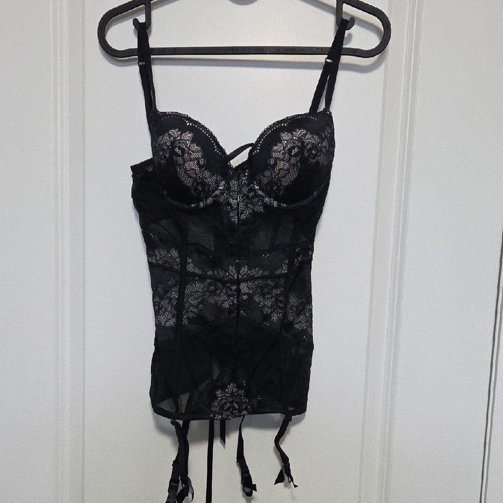 La SENZA Black Lace Longline Bustier with Garter Straps